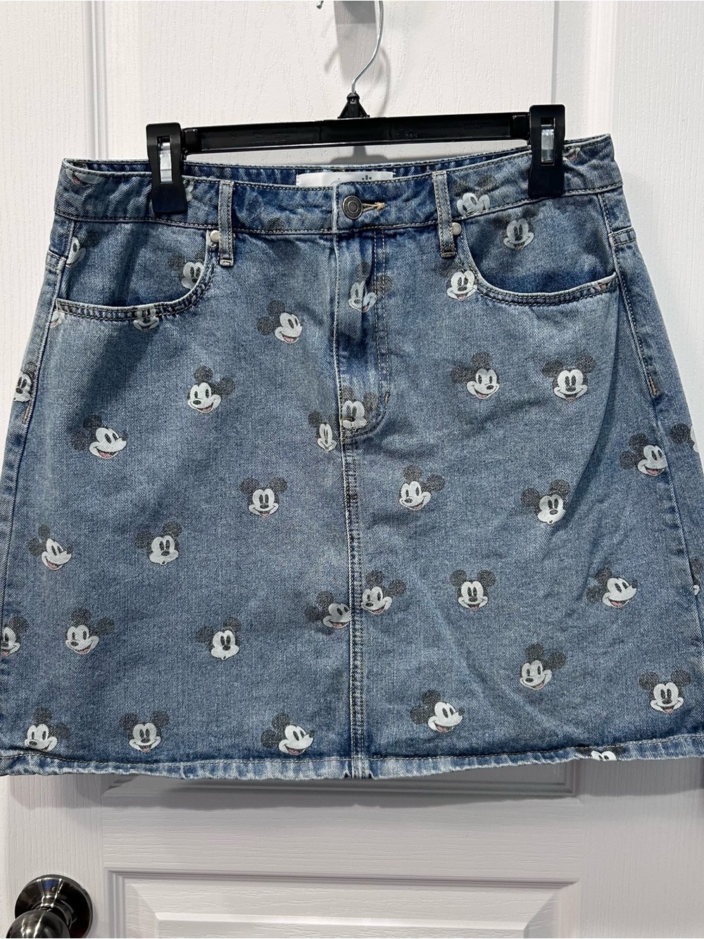 Disney Mickey The True Original All Over Print Denim Mini Skirt Size LG Logo